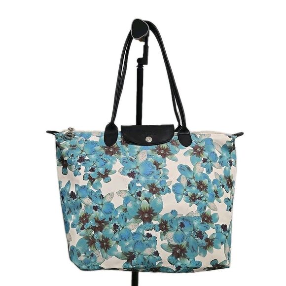 Longchamp Handbags - LONGCHAMP Rare Floral Le Pliage Tote Bag Green White Black Made In France Size L